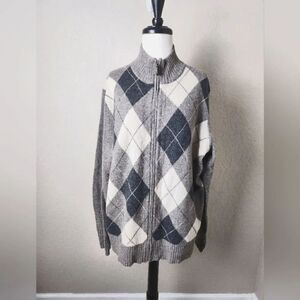 J. Crew Lambwools Argyle Zip-Up Elbow Patch Sweater Cardigan Gray Size L